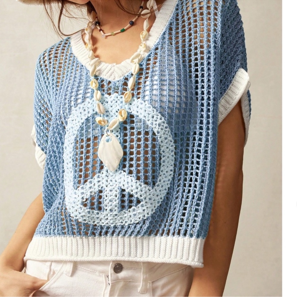 Bohemian Blue Crochet Oversized Peace Sign Sweater S M L
